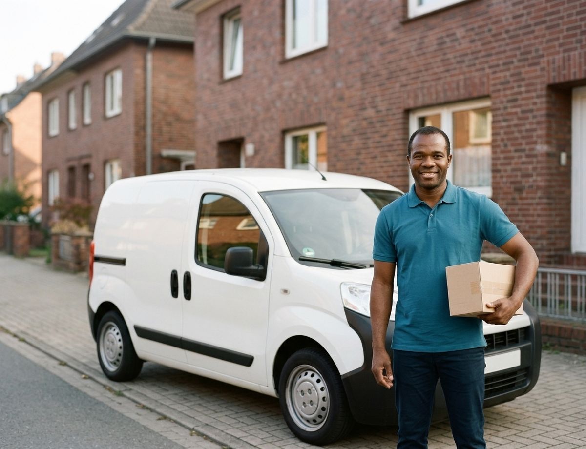 Symbolbild: Fahrer mit Paket vor einem Lieferwagen in einer Wohnstraße